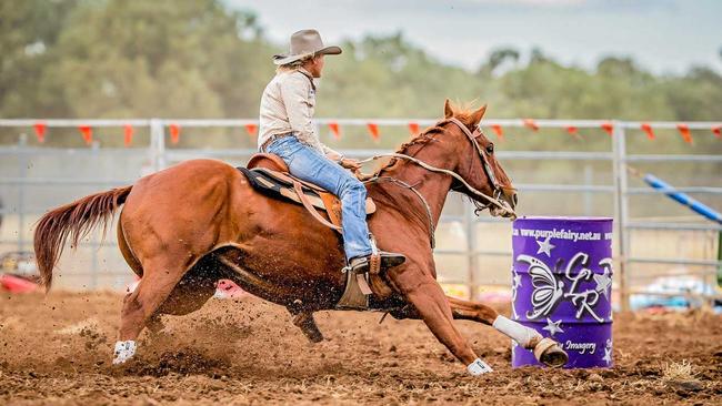 Emerald's Leanne Caban is not only running barrel racing workshops locally, she will be riding in Monday's Mitchell Rodeo. Picture: Purple Fairy Imagery/Cherie Reev