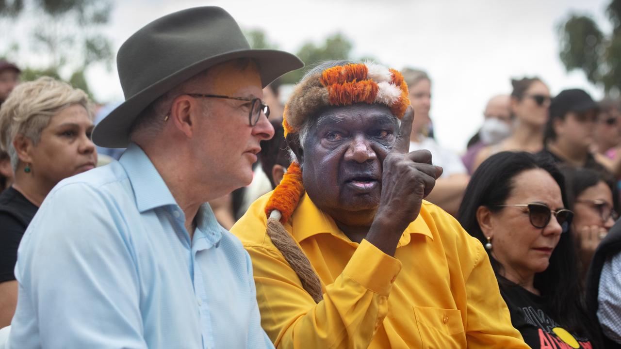 Yunupingu with Prime Minister Anthony Albanese at Garma in 2022. Picture: Melanie Faith Dove