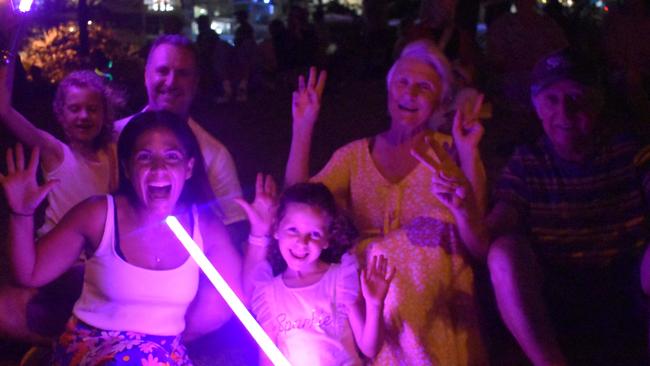 John and Patricia, Neave, Iona, Tim and Avi (no surnames given) celebrating New Year's Eve 2022 at Mooloolaba. Photo: Elizabeth Neil