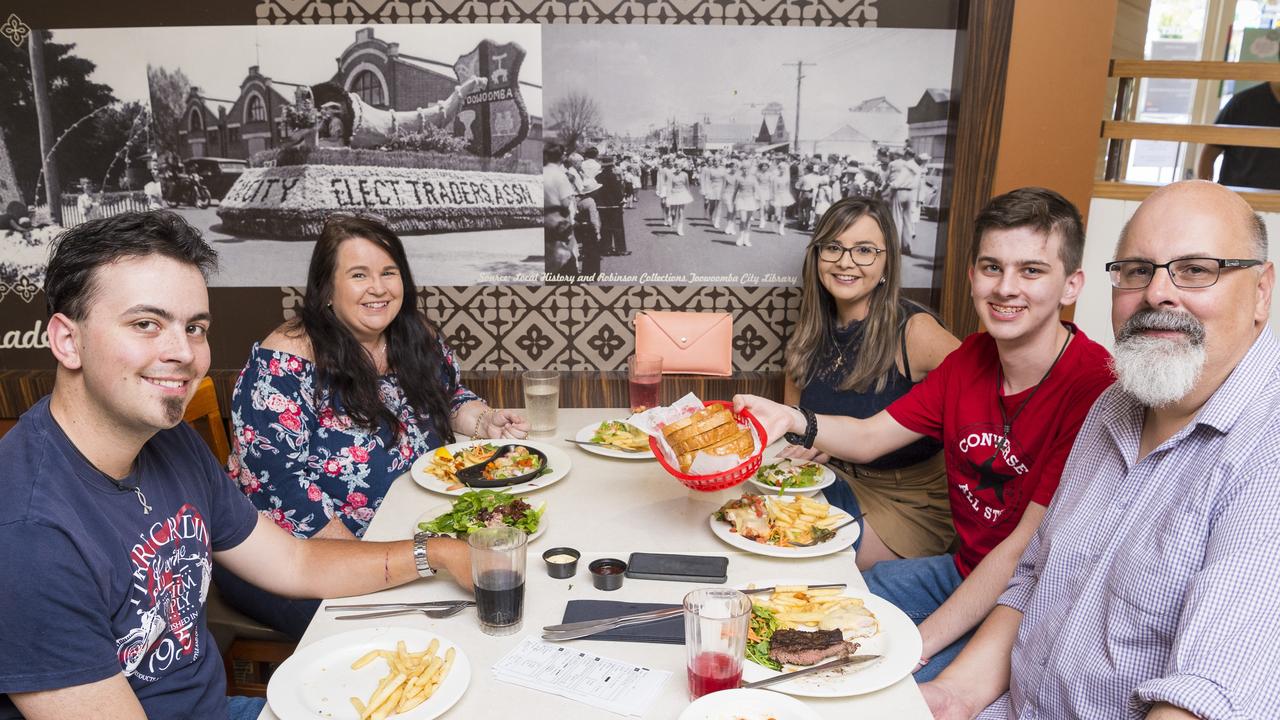 Regular guests (from left) Josiah, Angie, Jana, Elijah, and David Boden enjoy their meals on the last day of trading before Sizzler restaurants close, Sunday, November 15, 2020. Picture: Kevin Farmer