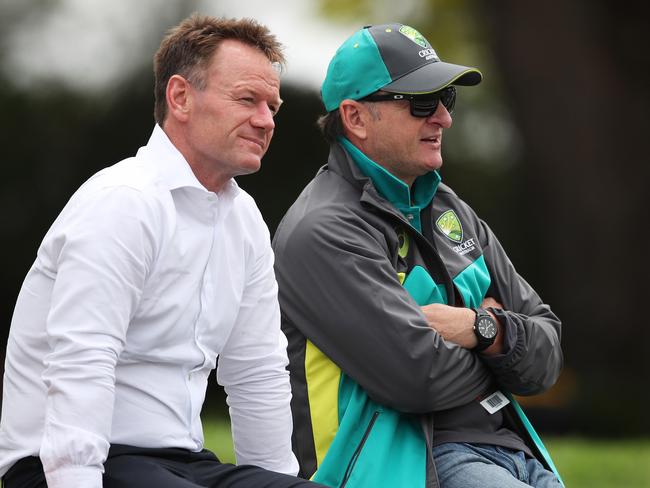 Cricket Australia high performance manager Pat Howard with selector Mark Waugh during the Sheffield Shield match between NSW and WA at Hurstville oval. Picture. Phil Hillyard