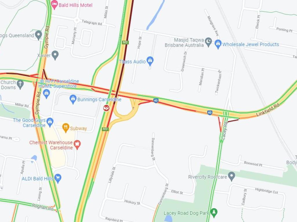 Traffic is still banked up around the intersection of Gympie Rd Arterial and Linkfield Rd, Bald Hills. Picture: Google