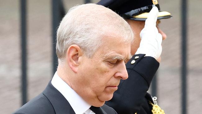 LONDON, ENGLAND - SEPTEMBER 19:  Prince Andrew, Duke of York takes part in the state funeral and burial of Queen Elizabeth II at Westminster Abbey on September 19, 2022 in London, England. Members of the public are able to pay respects to Her Majesty Queen Elizabeth II for 23 hours a day from 17:00 on September 18, 2022 until 06:30 on September 19, 2022. Queen Elizabeth II died at Balmoral Castle in Scotland on September 8, 2022, and is succeeded by her eldest son, King Charles III. (Photo by Hannah McKay- WPA Pool/Getty Images)