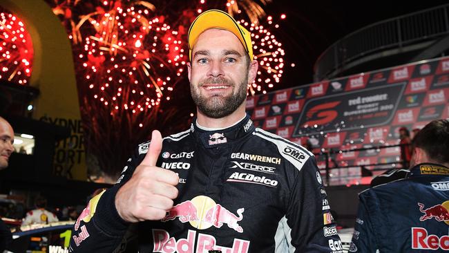 Shane van Gisbergen celebrates winning the Sydney SuperNight 300 race on Saturday night. Picture: Getty Images