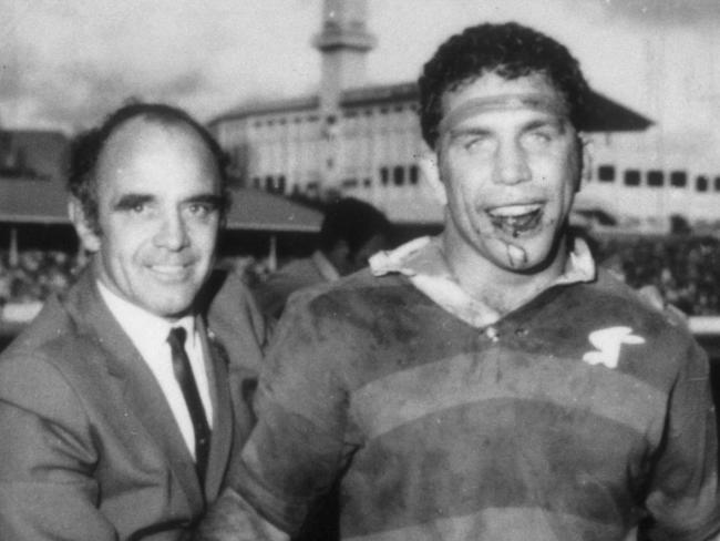 Coach Clive Churchill (L) and captain John Sattler after Souths defeated Manly in 1970 first grade grand final at the SCG in Sydney, 09/1970. Pic News Limited.