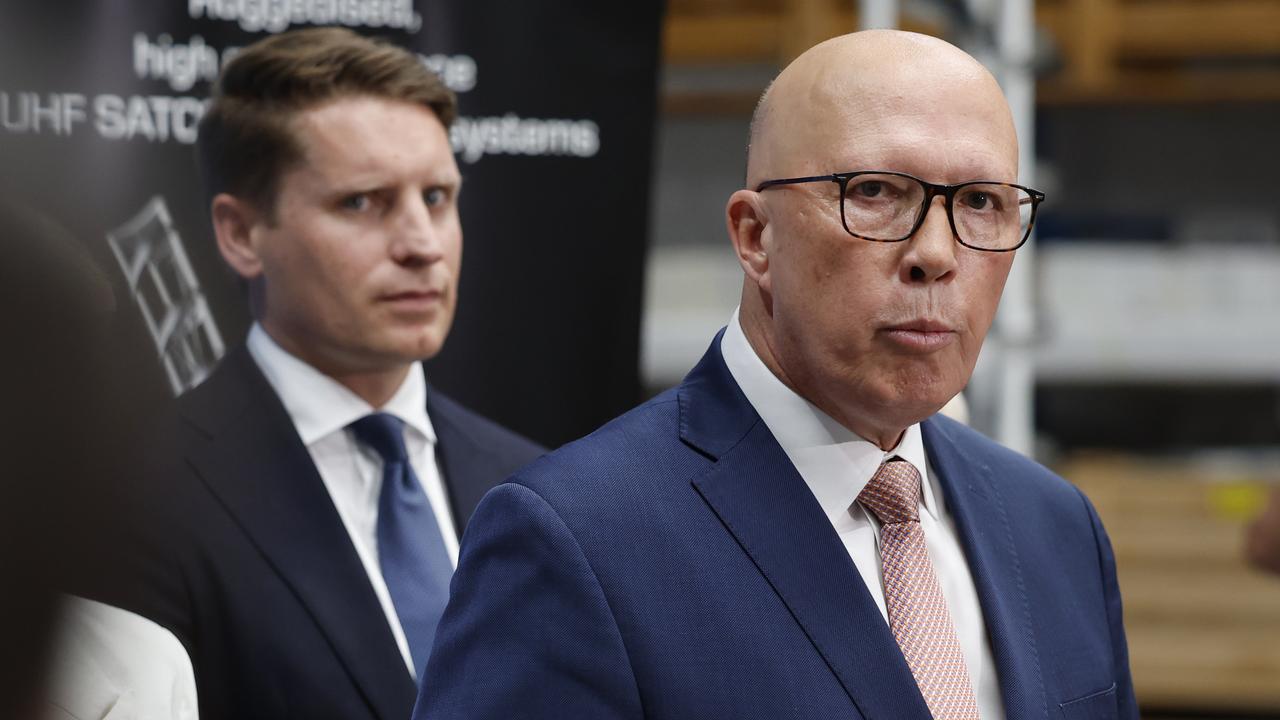 Opposition leader Peter Dutton (right) with opposition spokesman for defence Andrew Hastie (left). Picture: Richard Dobson / NewsWire