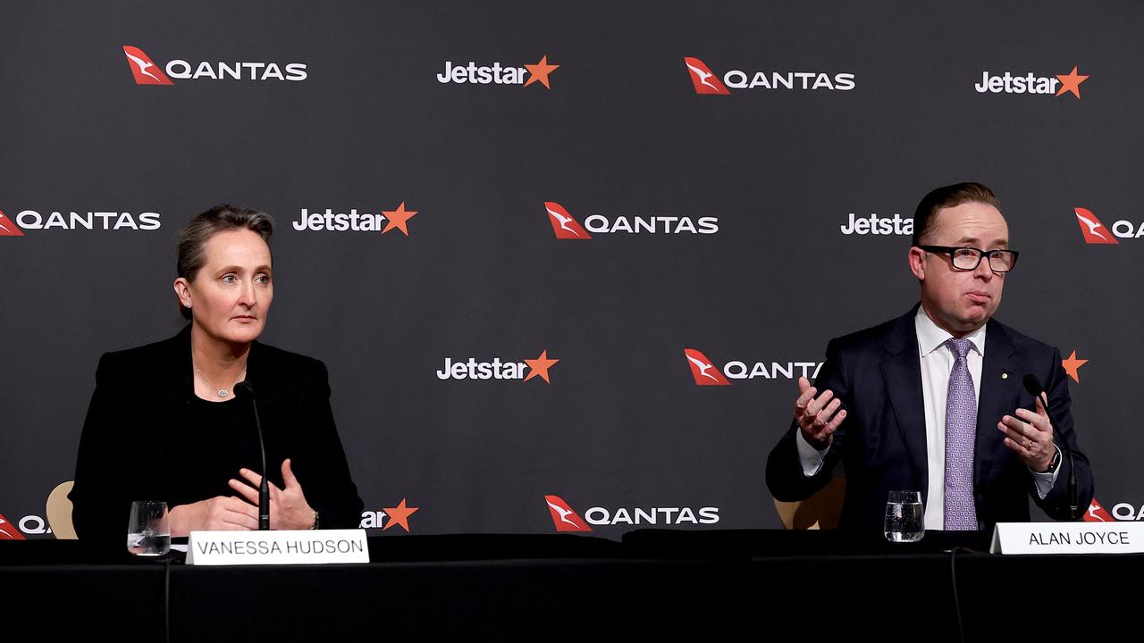 Retiring Qantas boss Alan Joyce and his successor chief financial officer Vanessa Hudson. Picture: Dylan Coker/NCA NewsWire