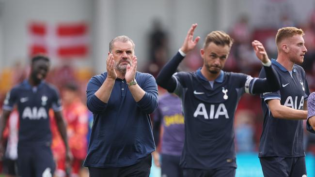 Ange Postecoglou acknowledges Tottenham fans after the draw with Brentford. Picture: Julian Finney/Getty Images