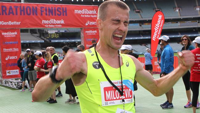 Brad Milosevic, the men’s winner of the Melbourne Marathon. Picture: David Crosling