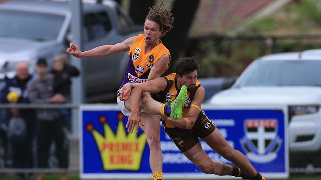 Jack Spokes, Thomson and Mitch Elford, Inverleigh. GDFL grand final: Inverleigh v Thomson. Picture: Peter Ristevski