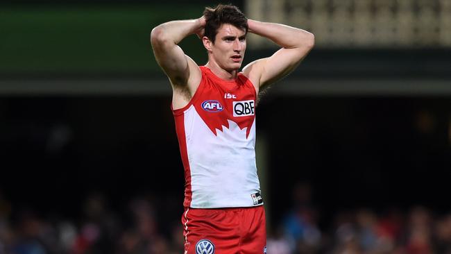 A dejected Dean Towers after Sydney’s narrow loss to Hawthorn. Picture: AAP