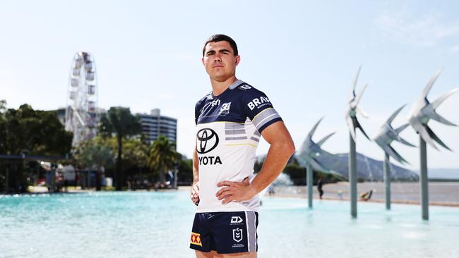 North Queensland Cowboys player Jake Clifford wearing the new kit for 2025 in Cairns last month. Cowboys CEO Jeff Reibel said he was delighted to welcome Suncorp on board during such a significant time for the club. Picture: Brendan Radke