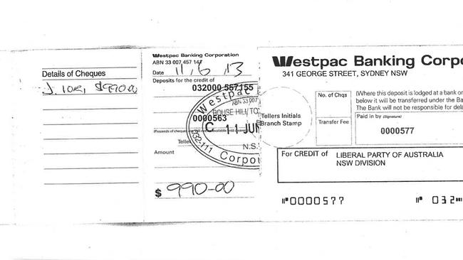 A cheque for $990 written by developer John Iori to pay for membership to the Hawkesbury Club.