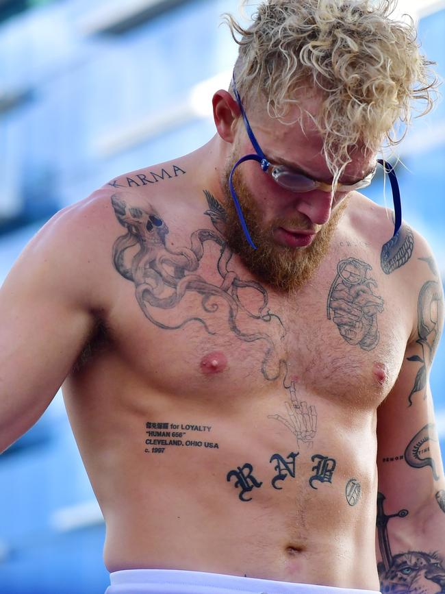 TAMPA, FLORIDA - DECEMBER 15: Jake Paul works out during a media workout at the Seminole Hard Rock Tampa pool prior to his December 18th fight against Tyron Woodley on December 15, 2021 in Tampa, Florida. (Photo by Julio Aguilar/Getty Images)