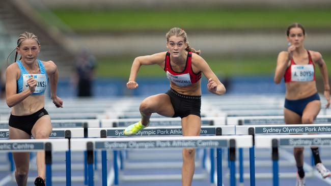 Rising star Grace Townsend from Clontarf in the hurdles final. Pic: Julian Andrews.