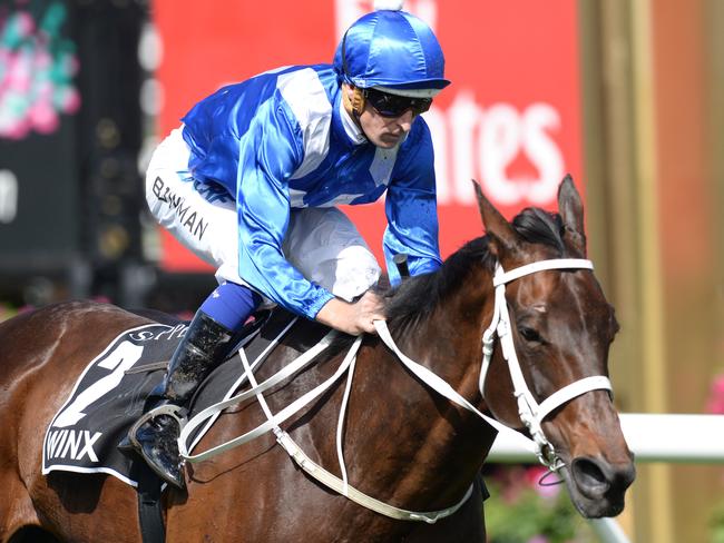 Winx crosses the line first in the Turnbull Stakes. Picture: AAP Images