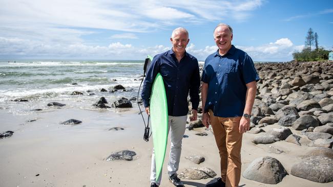 Experience Gold Coast CEO John Warn (left) and World Surf League Asia Pacific president Andrew Stark both say the future of the Bonsoy Gold Coast Pro will be at Snapper Rocks despite how incredible Burleigh Heads was as a venue for spectators this past week. Picture: Tom Bennett.