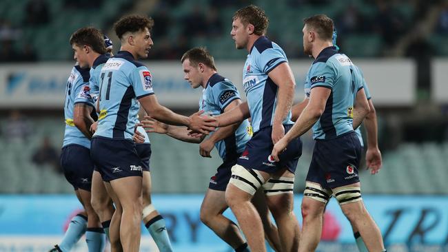 Waratahs players celebrate during their Super Rugby win over the Western Force. Picture: Getty Images