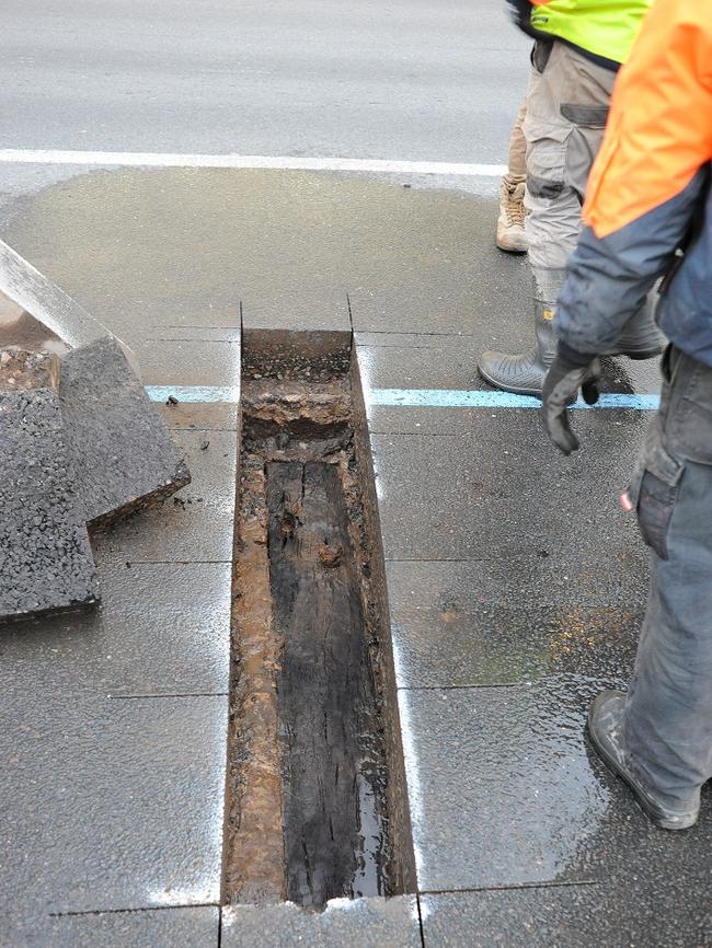 Old tram tracks under North Tce were discovered during construction works. Source: SA Government.