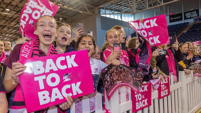 Adelaide Thunderbirds greeted fans on Monday after winning the Grand Final on the weekend at the Netball SA stadium. Picture: Ben Clark