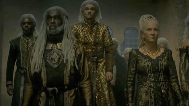 Lord Corlys Velaryon and his wife, Princess Rhaenys Targaryen (right). Picture: HBO/Foxtel