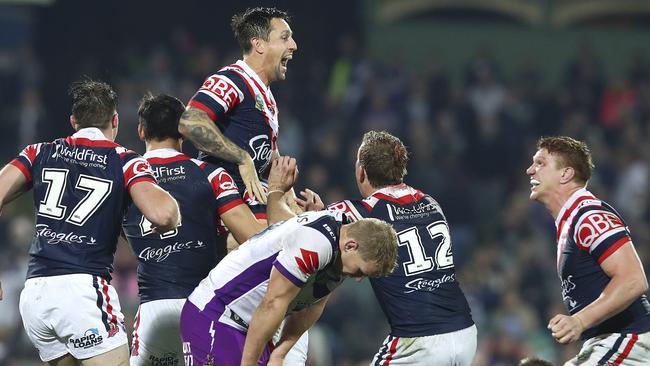 Mitchell Pearce celebrates his matchwinning field goal. Picture: Sarah Reed