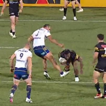 Parramatta's Reagan Campbell-Gillard was handed a concerning act notice for his attempted trip on Penrith’s Sunia Turuva. Picture: Fox League