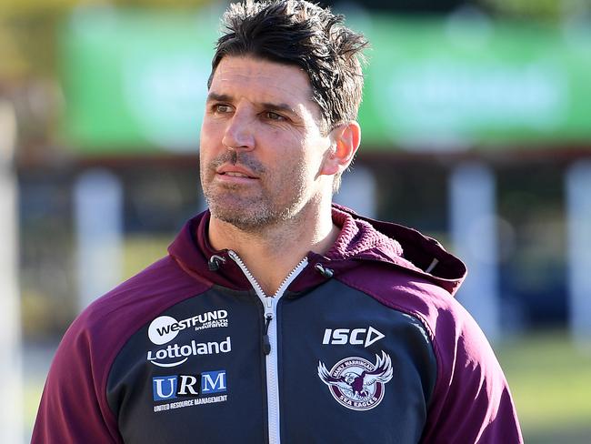 Manly-Warringah Sea Eagles coach Trent Barrett arrives to speak to media at Lottoland, in Sydney, Thursday, August 16, 2018. (AAP Image/Dan Himbrechts) NO ARCHIVING