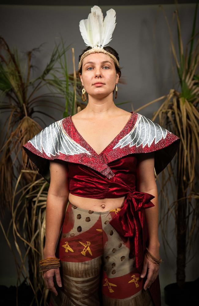 Nakita Nia at the 2024 Country to Couture at the Darwin Convention Centre showcases hand-designed First Nations fashion. Picture: Pema Tamang Pakhrin