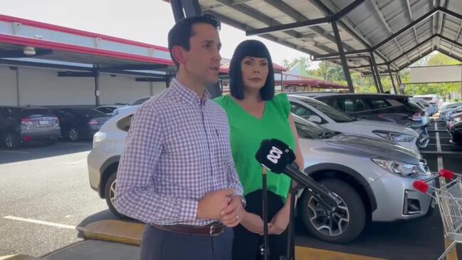 Yolonde Entsch, State LNP candidate for Cairns with opposition leader David Crisafulli are asked about her husband's failure to declare Airbnb interest. Video – Kristina Puljak