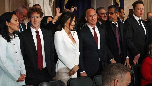 US Big Tech will need to step up. Meta founder Mark Zuckerberg, Amazon founder Jeff Bezos, Google CEO Sundar Pichai and Tesla CEO Elon Musk, among those at Donald Trump’s inauguration. Picture: AFP