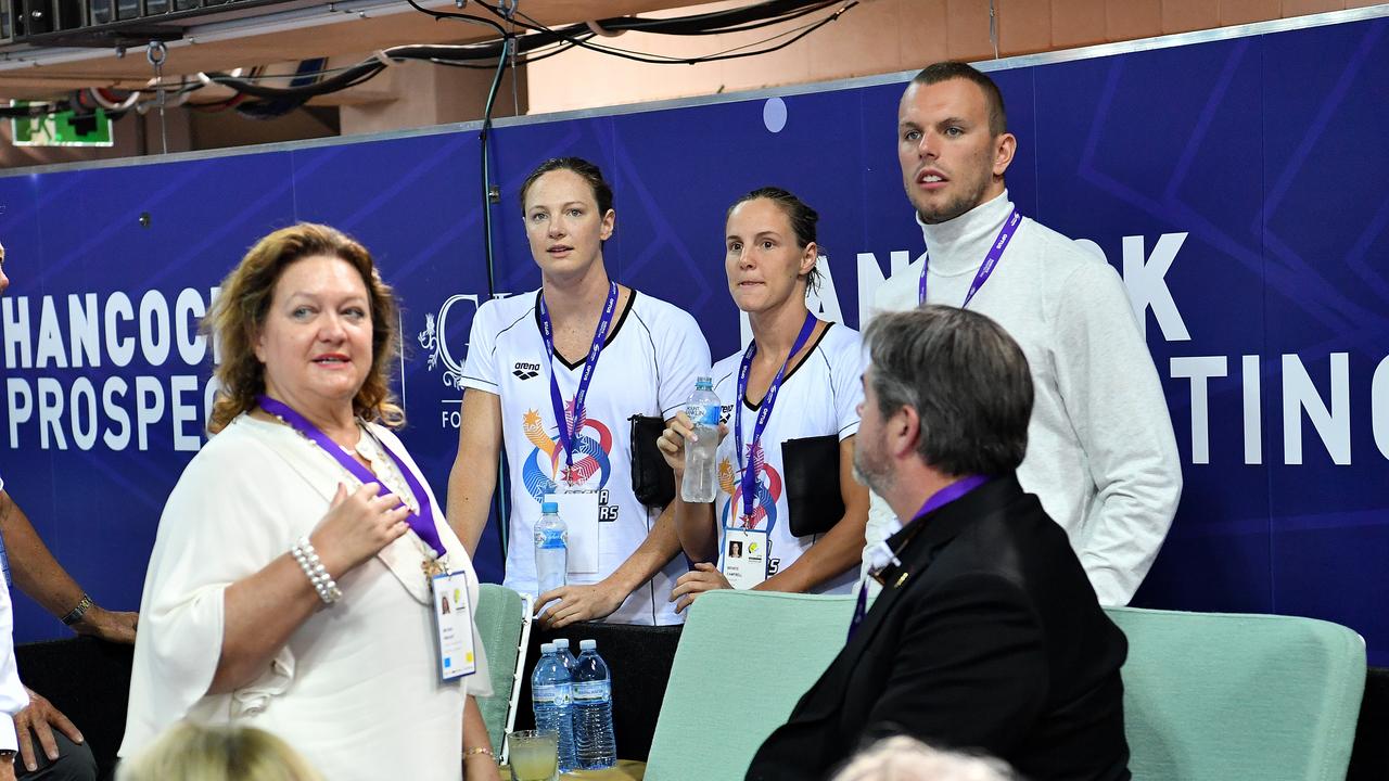 Rinehart (left) with swimmers Cate Campbell (2nd from left), Bronte Campbell and Kyle Chalmers at the 2018 Australian Swimming Trials. (AAP Image/Darren England)