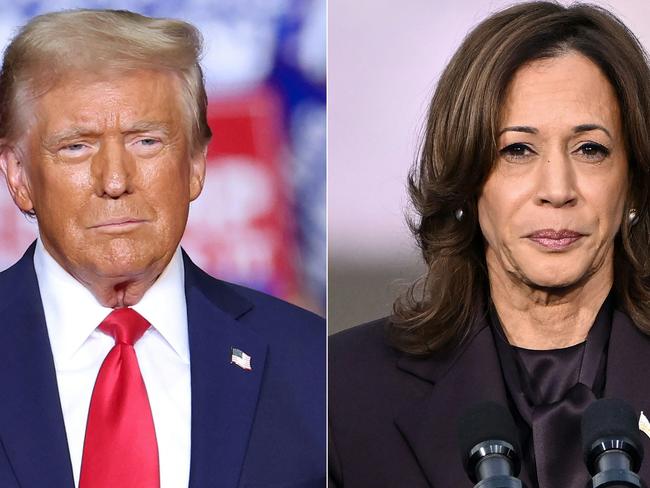 (COMBO) This combination of pictures created on November 07, 2024 shows former US President and Republican presidential candidate Donald Trump (L) looks on during a campaign rally at PPG Paints Arena in Pittsburgh, Pennsylvania on November 4, 2024, and US Vice President Democratic presidential candidate Kamala Harris (R) speaks at Howard University in Washington, DC, on November 6, 2024. Donald Trump's crushing presidential victory heralded a new era of uncertainty in the United States and the world November 6, 2024, as defeated Kamala Harris gave a defiant concession speech while vowing to help his transition to power. An emotional Vice President Harris told tearful supporters in a speech in Washington to "not despair," urging them to "keep fighting" after her loss. Her pledge to ensure a peaceful handover stood in stark contrast with Republican Trump's unprecedented refusal four years ago to admit defeat against Joe Biden, culminating in the violent attack by his supporters on the US Capitol. (Photo by CHARLY TRIBALLEAU and SAUL LOEB / AFP)