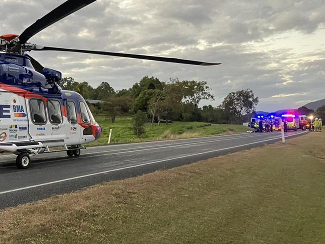 BMA CQ Rescue was tasked to Proserpine after a horror crash on the Bruce Highway at Myrtlevale. The AW139 landed on the highway and has transported man in his 60s for further treatment at Mackay Base Hospital. Picture: BMA CQ Rescue