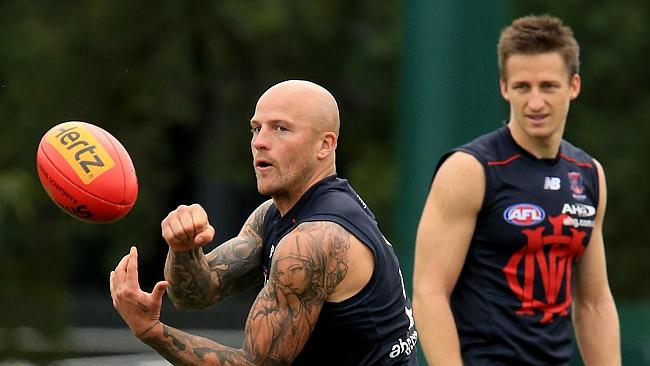 Nathan Jones and Jack Grimes at training on Wednesday. Picture: Wayne Ludbey