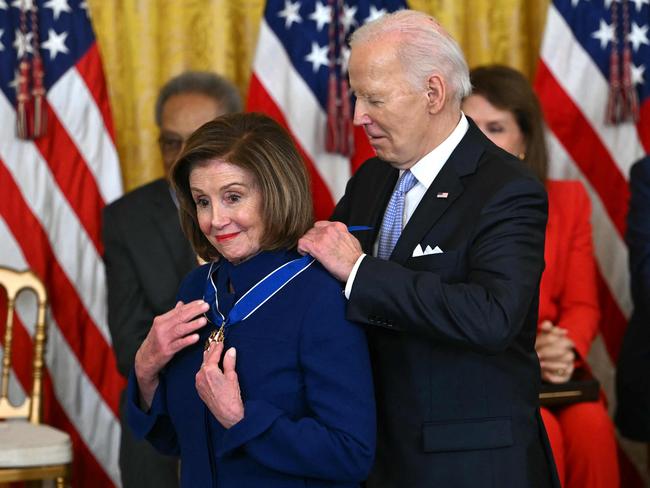 US President Joe Biden presents the Presidential Medal of Freedom to US Representative Nancy Pelosi (D-CA) in the East Room of the White House in Washington, DC earlier this year. Picture: AFP