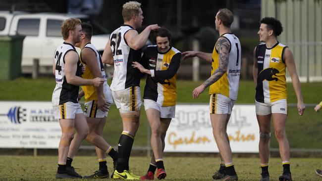 EFL: Chirnside Park players celebrate a goal. Picture: Valeriu Campan