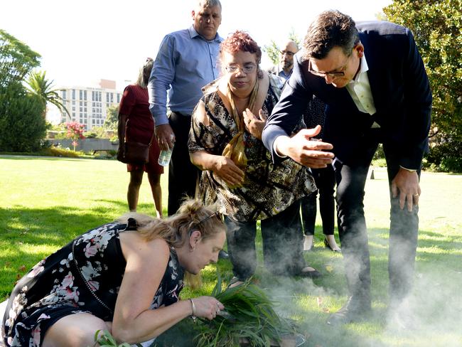 Premier Daniel Andrews at a smoking ceremony before announcing the compensation payments. Picture: Andrew Henshaw