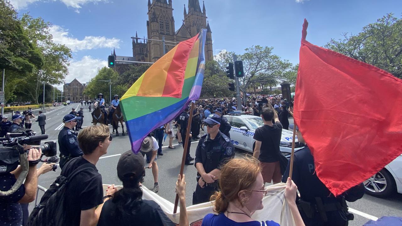 Protests outside the funeral of Cardinal George Pell at St Mary's Cathedral. Picture: NCA NewsWire / Nicholas Eagar