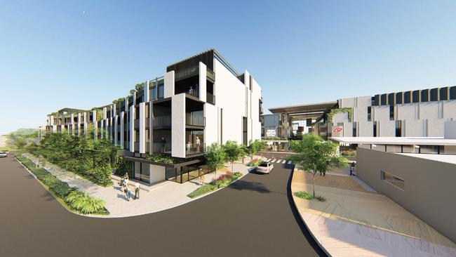 An artist's impression of the residential building of Ferny Grove Central (left), as it would appear from Conavalla St. The retail building is on the right. Image: Brisbane City Council PD Online