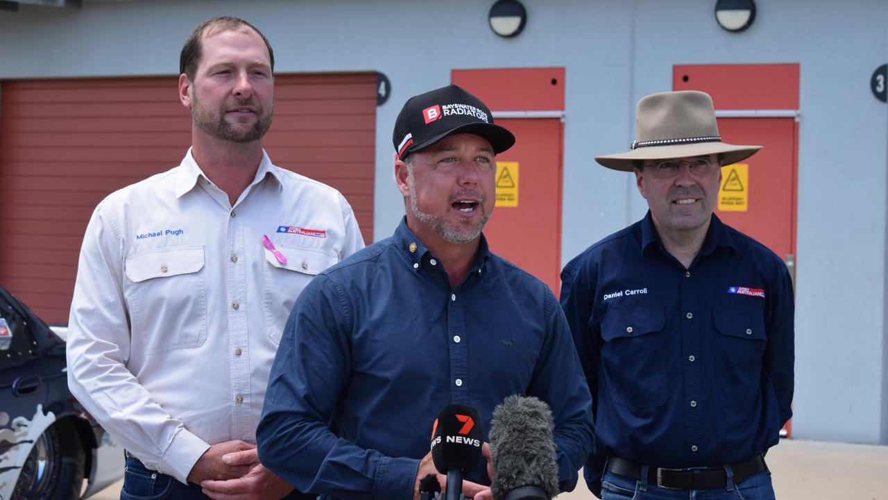 KAP candidate for Mundingburra Michael Pugh with deputy leader Nick Dametto and candidate for Burdekin Daniel Carroll at Reid Park in Townsville, as the KAP committed to securing the $10 million in funding for DriveIT NQ.