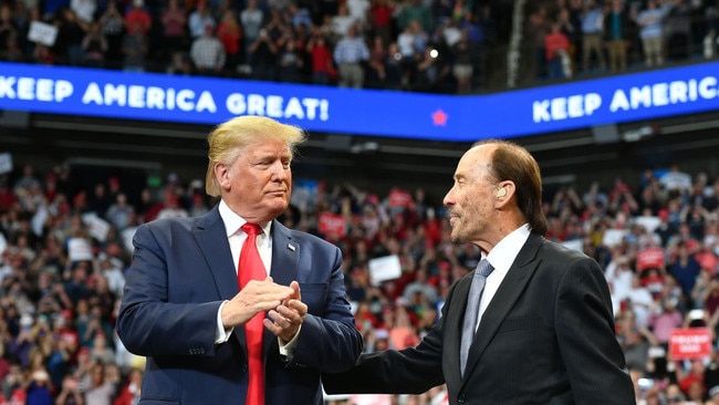 Trump with Lee Greenwood during a rally in 2019. Picture: Mandel Ngan/AFP/Getty Images