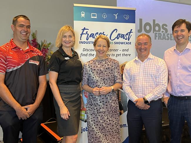 Allweld Manufacturing Director Josh Linwood, Jobs Fraser Coast Chair Michelle Hay, Minister for Employment Di Farmer, Member for Hervey Bay Adrian Tantari and Fraser Coast Mayor George Seymour launch this yearâs Fraser Coast Industry & Careers Showcase.