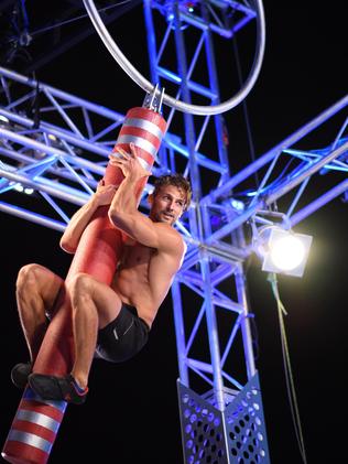 The former Bachelor Tim Robards tried his luck on the Ninja course. Picture: Channel 9