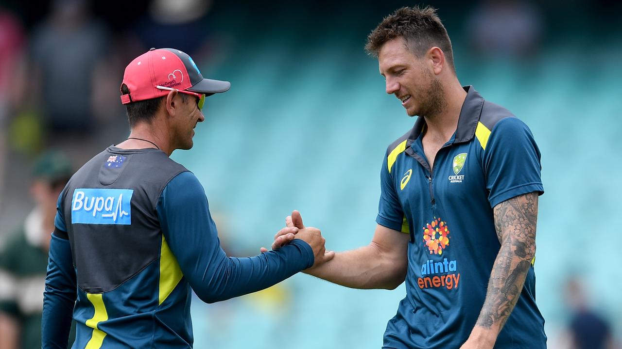 Langer and paceman James Pattinson during the pre-Test warm-up session last summer. Picture: AAP