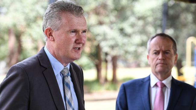 Australian Opposition Leader Bill Shorten and the Manager of Opposition Business, Tony Burke address the media in Wiley Park Picture: AAP Image/Peter Rae.