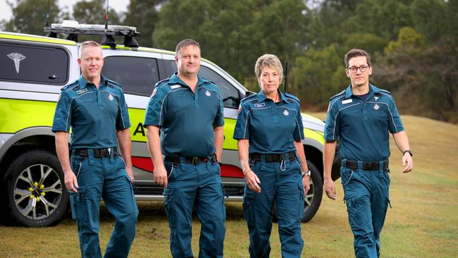 Paramedics Doug McKenzie, Adam Flory, Maria Mourilyan, Nick Abussi, are getting bravery awards for treating police officer Brett Forte. Picture: Steve Pohlner