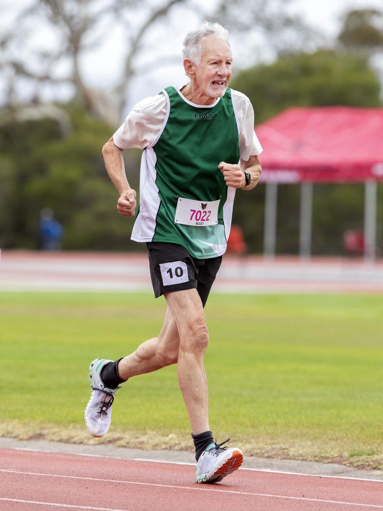 2024 Australian masters games at the Domain Athletics Centre, Lawrence Neasey 73 Tas during the 5000m. Picture: Chris Kidd