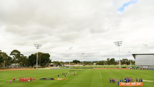 PERTH, AUSTRALIA - MARCH 15: The Team group up at three quarter time during the 2020 AFLW Round 06 match between the West Coast Eagles and the Gold Coast Suns at Mineral Resources Park on March 15, 2020 in Perth, Australia. (Photo by Daniel Carson/AFL Photos via Getty Images)