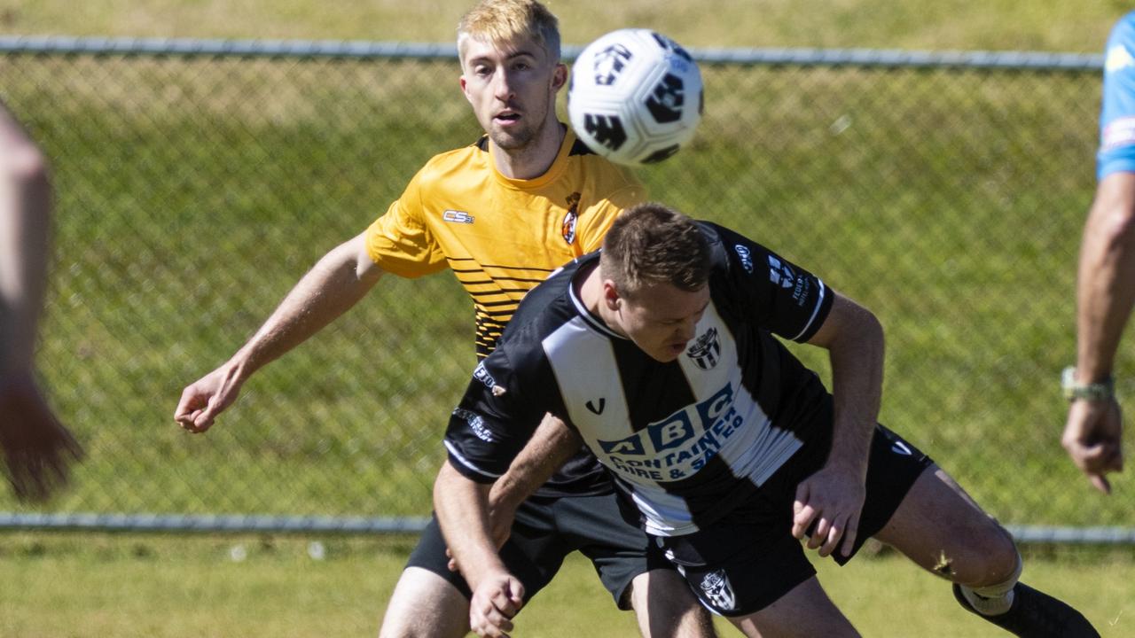 Elliott Milne (left) of Dalby Tigers and Brenton Gietzel of Willowburn in Div 2 Men FQ Darling Downs Presidents Cup football at West Wanderers, Sunday, July 24, 2022. Picture: Kevin Farmer